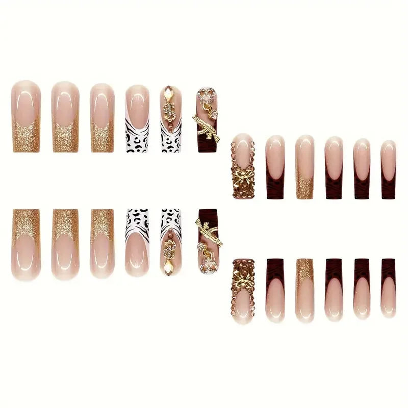 24pc Press-On Nails Set – French, Leopard, 3D Gold & Diamond Designs