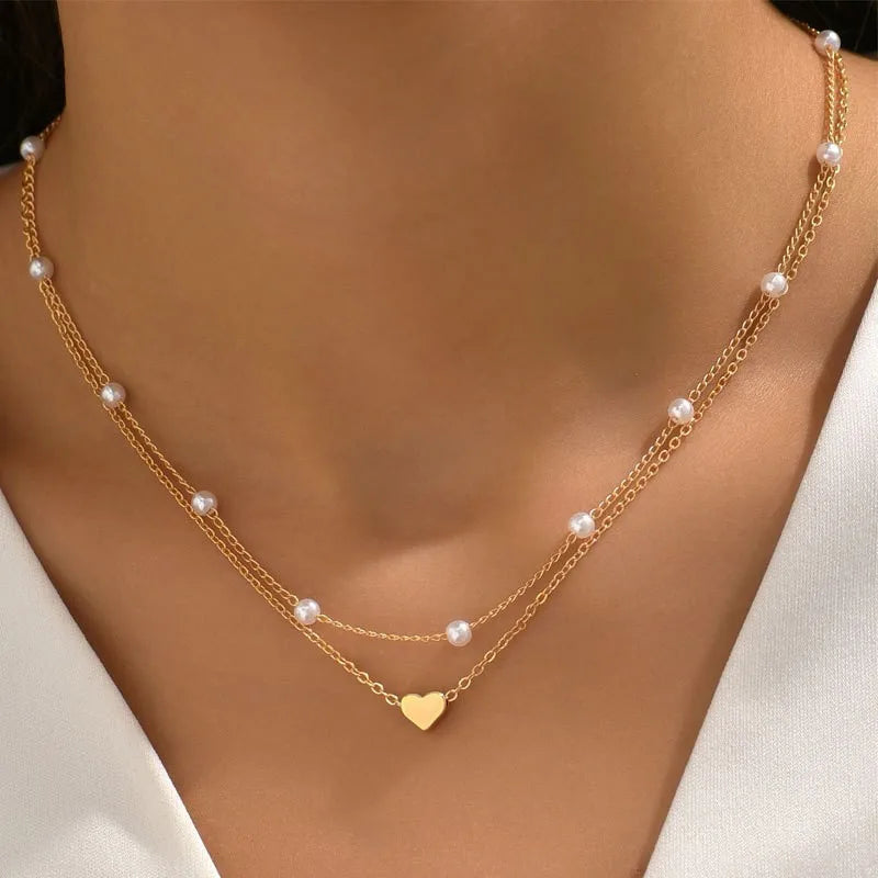 Heart Pendant Pearl Necklace Set | 14K Gold Choker for Women