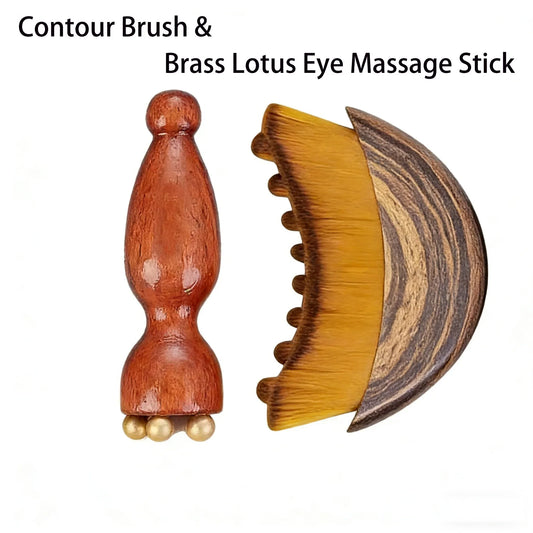 Lymphatic Facial Contour Brush & Brass Lotus Eye Massage Tool - Sandalwood Acupressure Set
