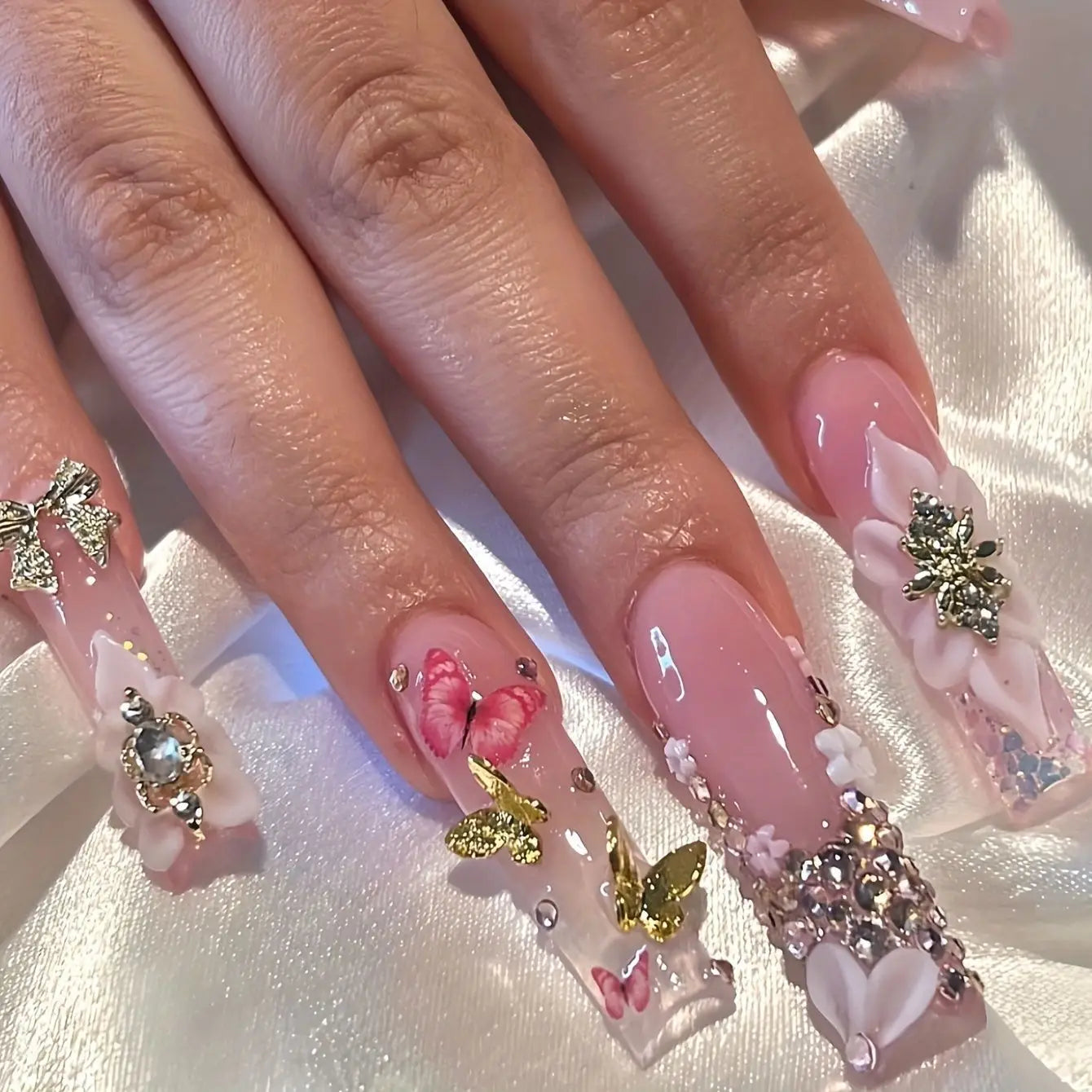 Press-On Nails 24 Pcs — Long Square Leopard Print, French & 3D Cherry Design with Rhinestones