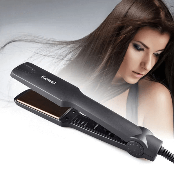Professional hair straightener placed next to a model showcasing sleek, straight hair for perfect styling results.