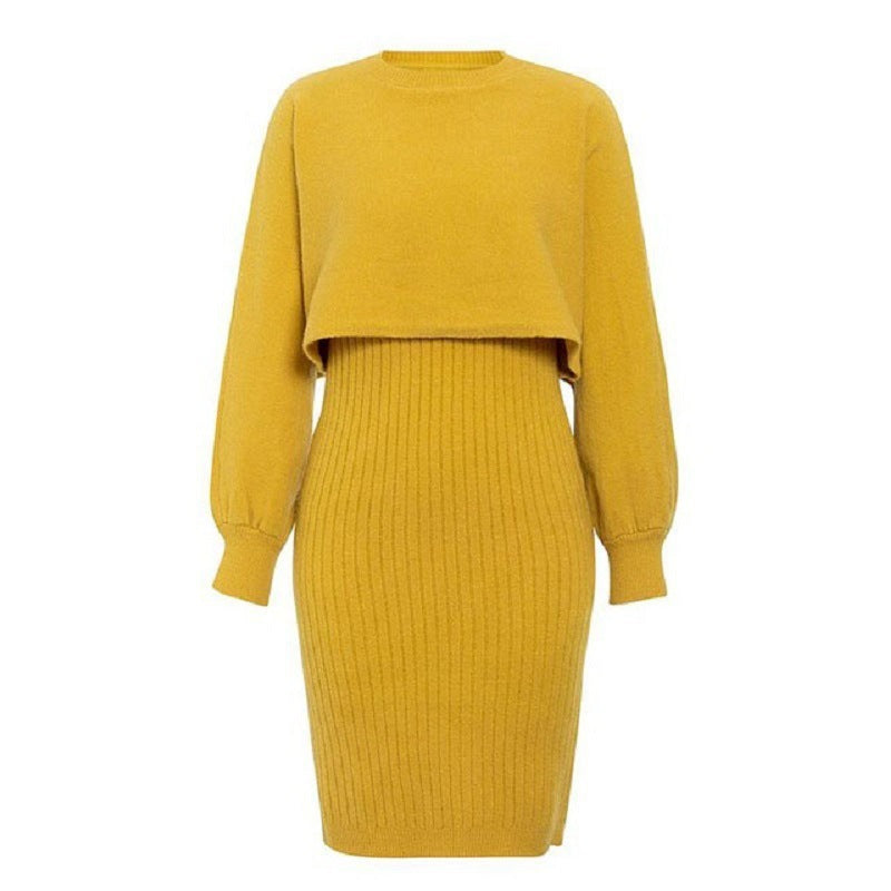 2pcs Knitted Dress Suit Fashion Solid Color Pullover Lantern-sleeved Sweater Fall Winter