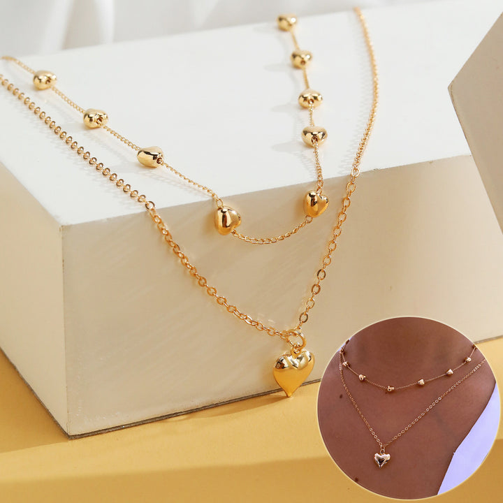 Double-layer Heart Pendant Fine Chain Necklace For Women Multilayer Gold Color Metal.