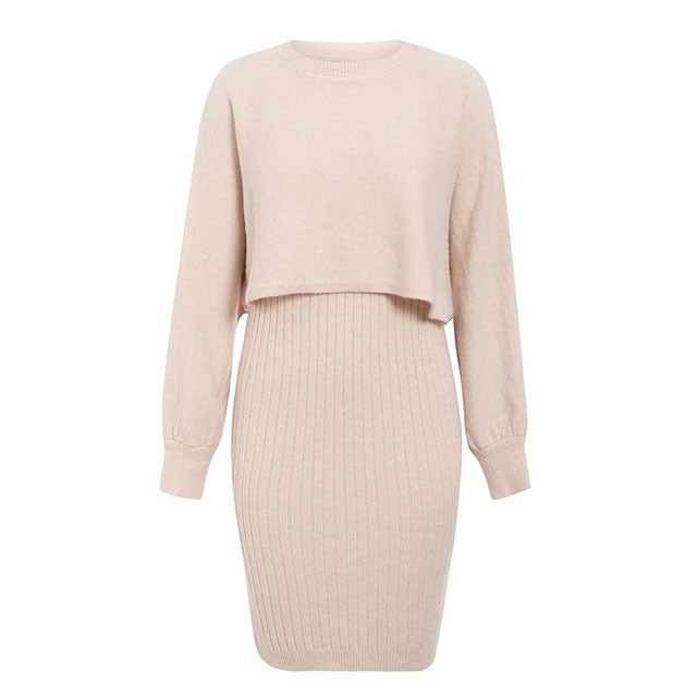 2pcs Knitted Dress Suit Fashion Solid Color Pullover Lantern-sleeved Sweater Fall Winter
