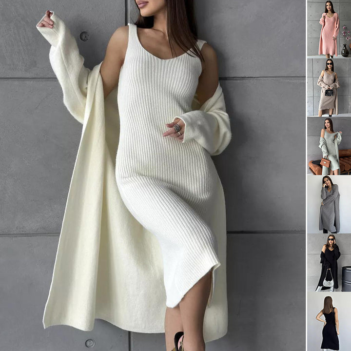 2pcs Knitted Suit Fashion Slim Sleeveless Long Dress And Casual.