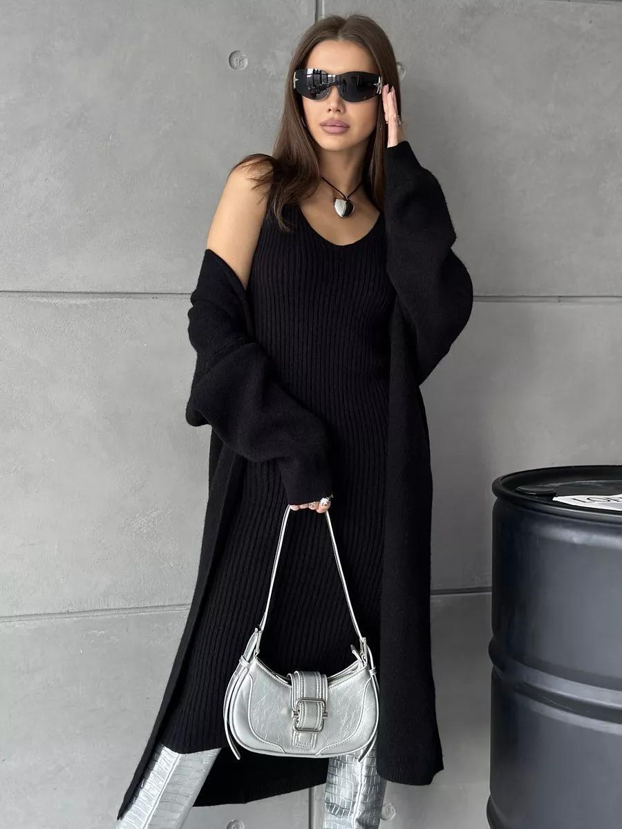 2pcs Knitted Suit Fashion Slim Sleeveless Long Dress And Casual.