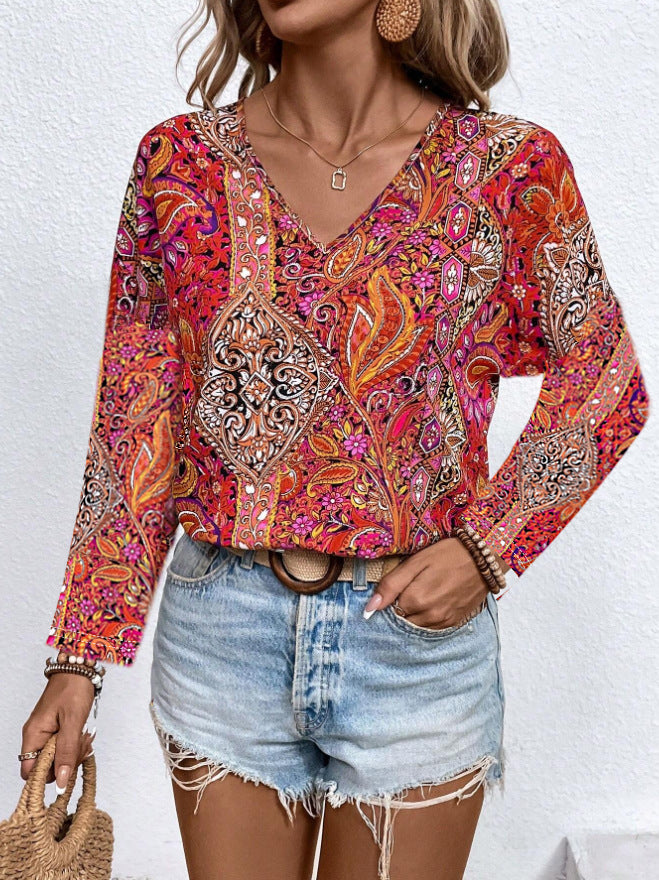 Printed V-neck Long Sleeve Shirt Women's Clothing