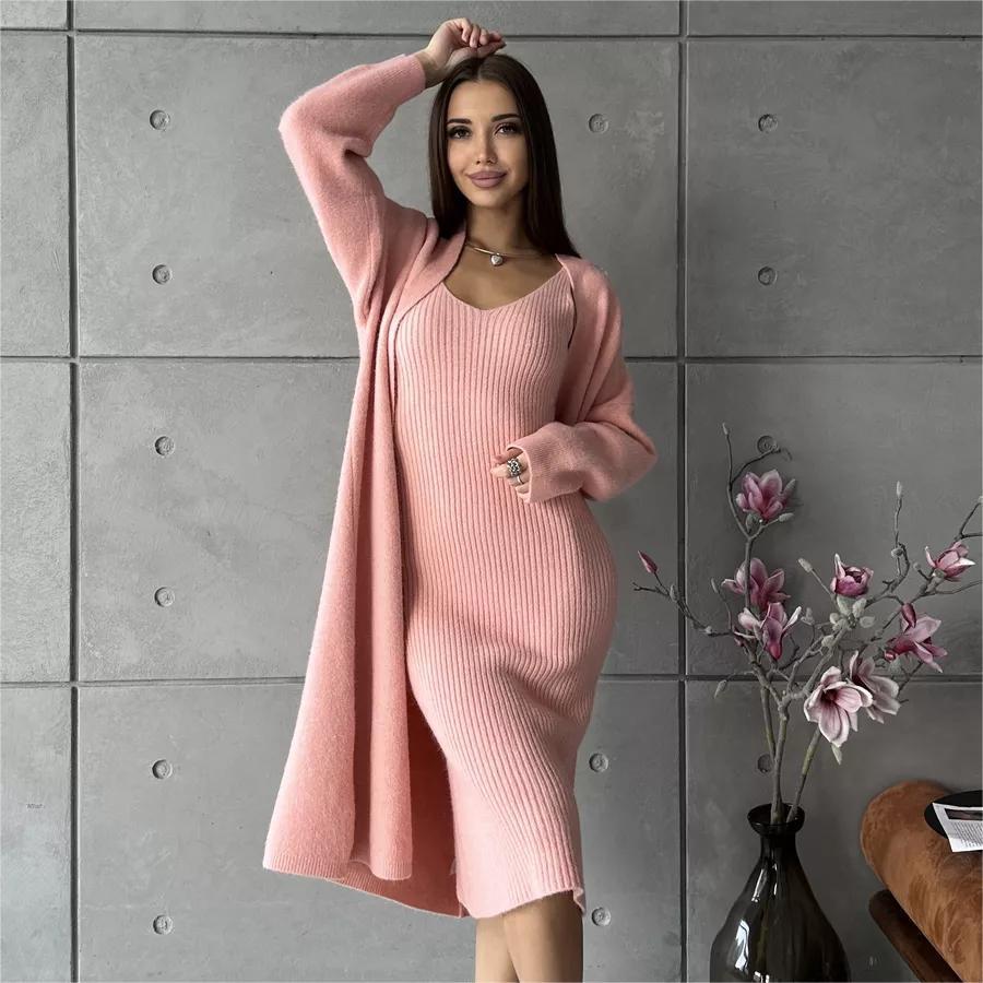 2pcs Knitted Suit Fashion Slim Sleeveless Long Dress And Casual.