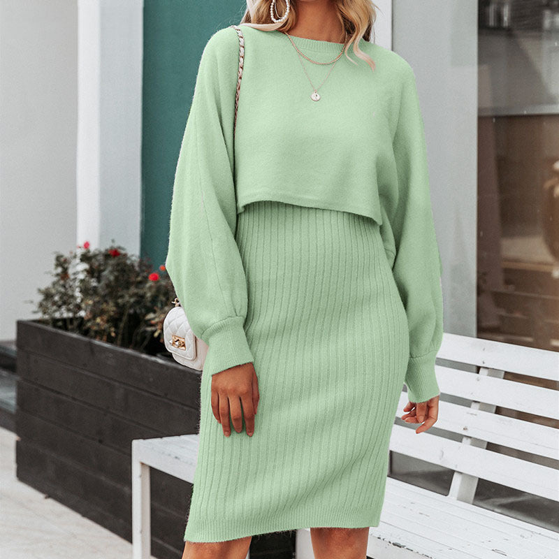 2pcs Knitted Dress Suit Fashion Solid Color Pullover Lantern-sleeved Sweater Fall Winter