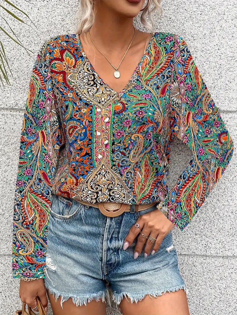 Printed V-neck Long Sleeve Shirt Women's Clothing