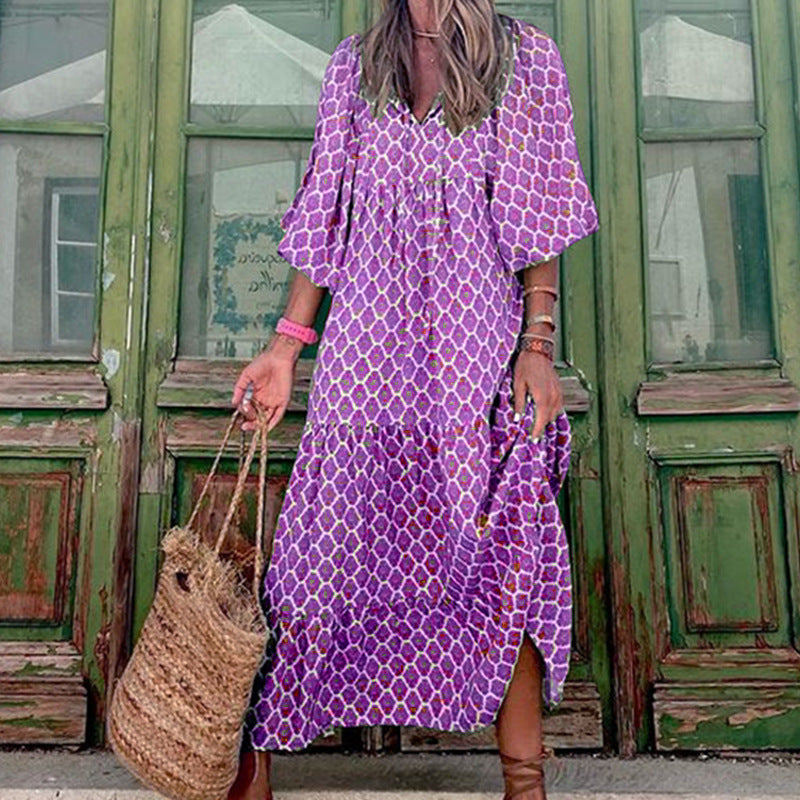 Summer Women's Vintage Printed Bohemian Dress Elegant Ladies Casual .