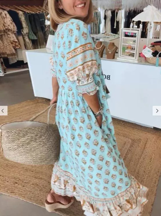 Summer Bohemian Print Lantern-Sleeved Dress Fashion Loose V-Neck.