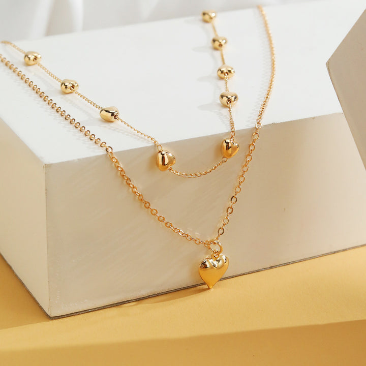 Double-layer Heart Pendant Fine Chain Necklace For Women Multilayer Gold Color Metal.