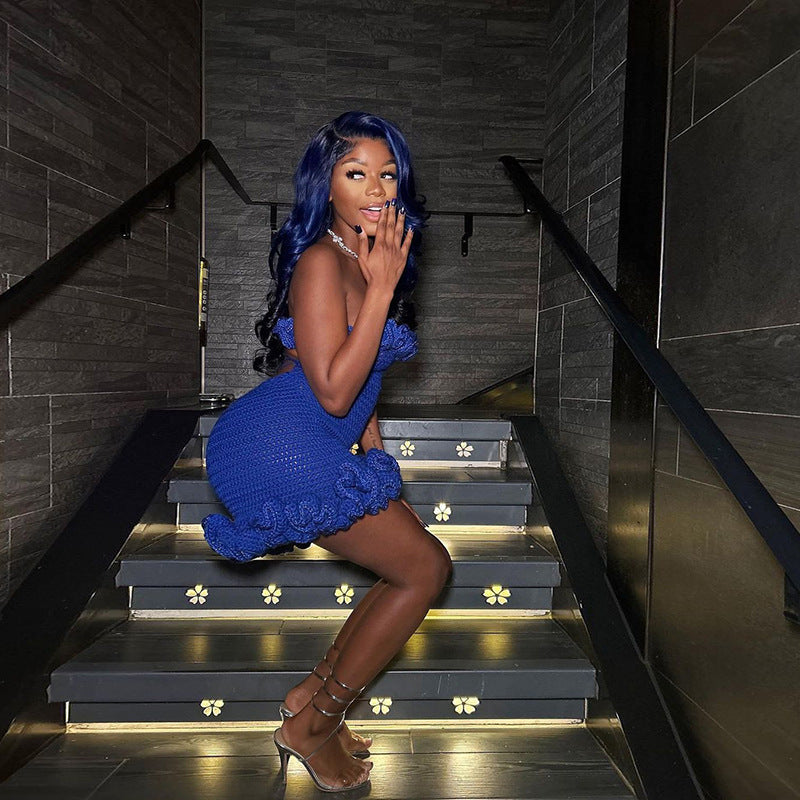 Hollow Sexy Knitted Lace-up Lace Backless Tube Top Package Hip Dress