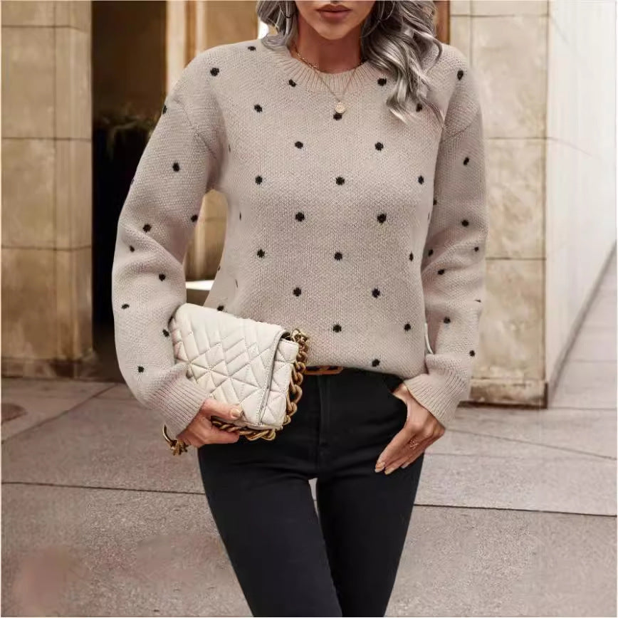 Ins Polka Dot Print Pullover Sweater Fashion Casual Long-sleeved Jacquard Knitted Top Winter.