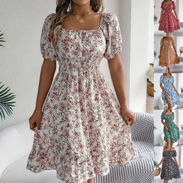 Floral Print Square Collar Dress Summer Fashion.