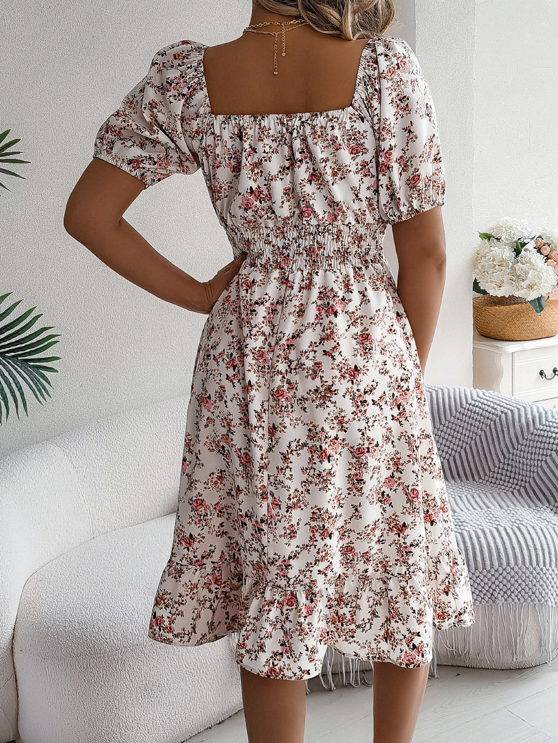 Floral Print Square Collar Dress Summer Fashion.