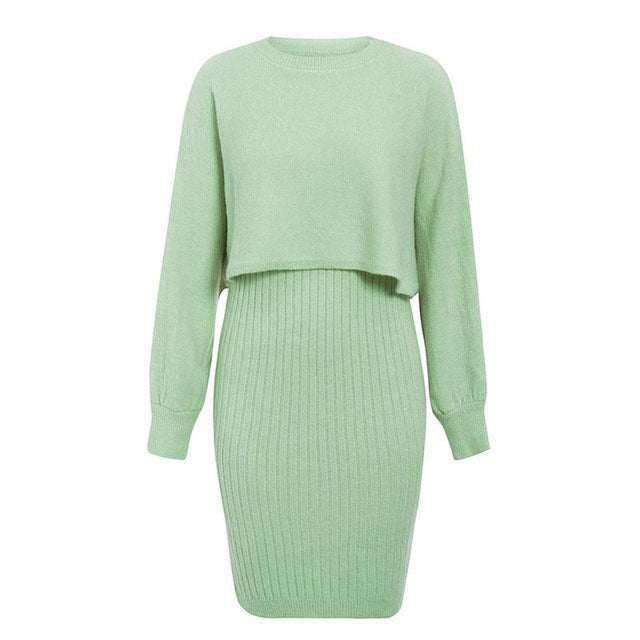 2pcs Knitted Dress Suit Fashion Solid Color Pullover Lantern-sleeved Sweater Fall Winter