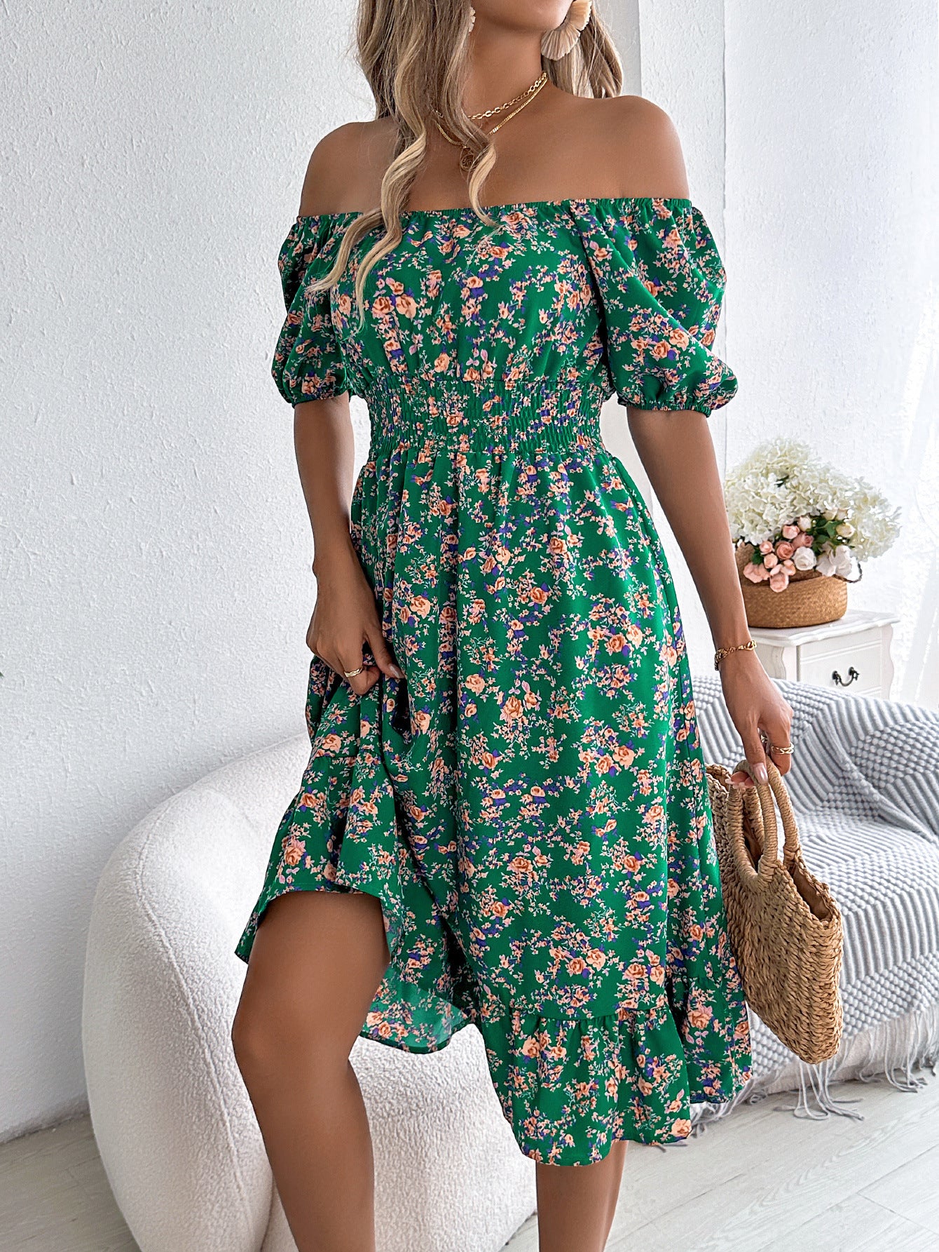 Floral Print Square Collar Dress Summer Fashion.
