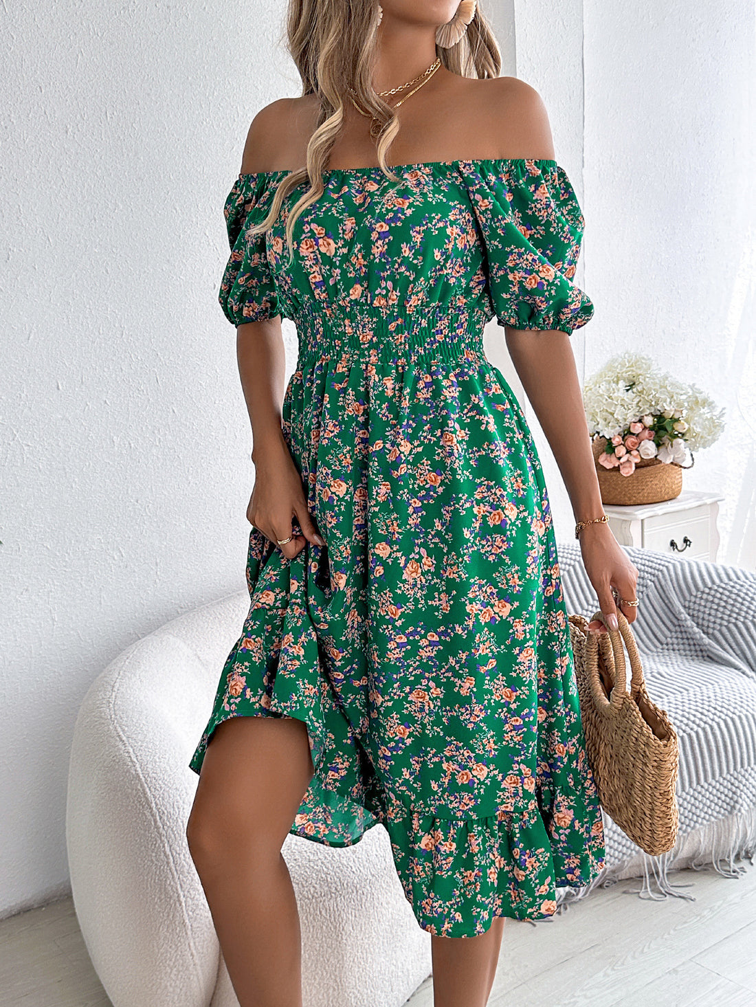 Floral Print Square Collar Dress Summer Fashion.
