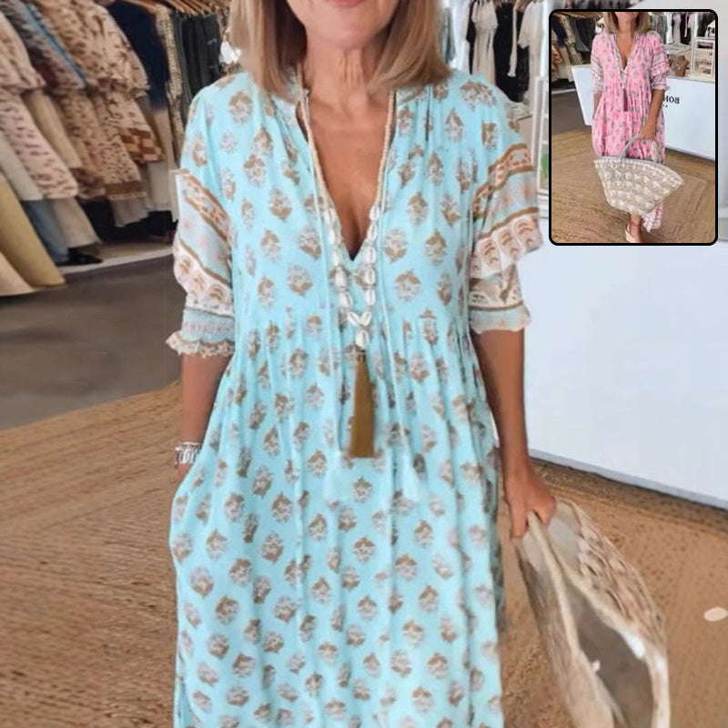 Summer Bohemian Print Lantern-Sleeved Dress Fashion Loose V-Neck.