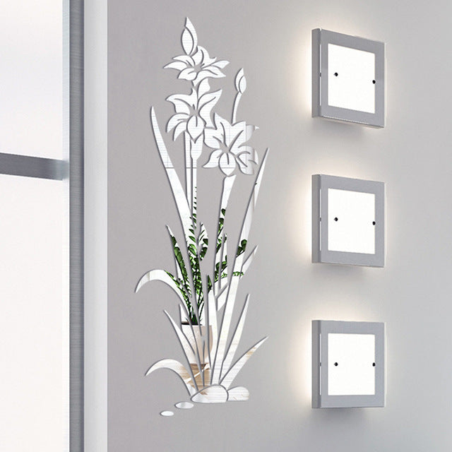Acrylic Flower Plant Mirror Wall Sticker 3D Self-adhesive Bedroom Living Room Decoration