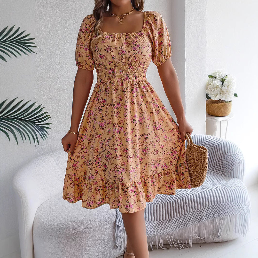 Floral Print Square Collar Dress Summer Fashion.