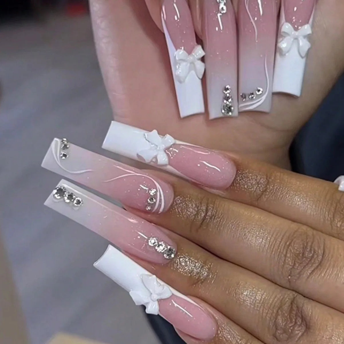 Press-On Nails 24 Pcs — Long Square Leopard Print, French & 3D Cherry Design with Rhinestones