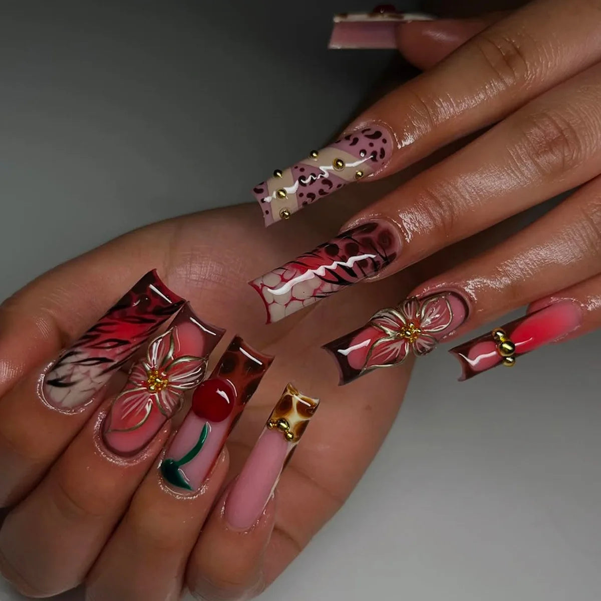 Press-On Nails 24 Pcs — Long Square Leopard Print, French & 3D Cherry Design with Rhinestones