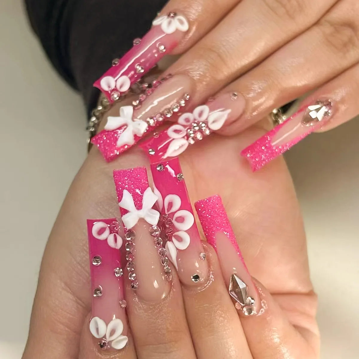 Press-On Nails 24 Pcs — Long Square Leopard Print, French & 3D Cherry Design with Rhinestones