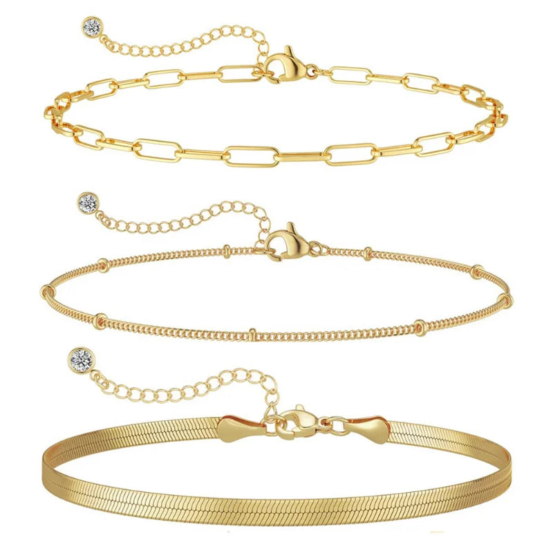 Gold Layered Bracelet Set - 3 Piece Waterproof Stackable Jewelry