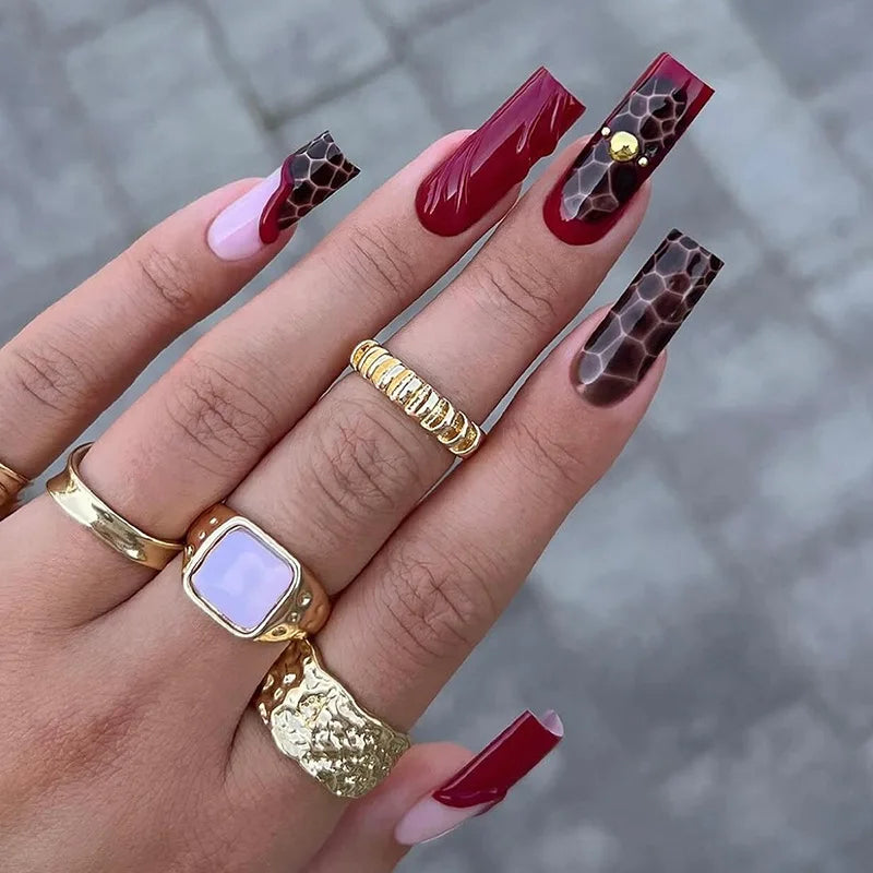 Press-On Nails 24 Pcs — Long Square Leopard Print, French & 3D Cherry Design with Rhinestones