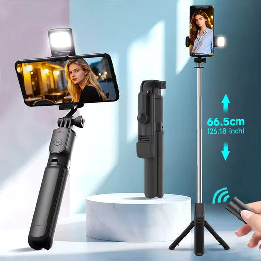 Selfie Stick Tripod with Bluetooth Remote & LED Fill Light – Phone Holder for Live Streaming