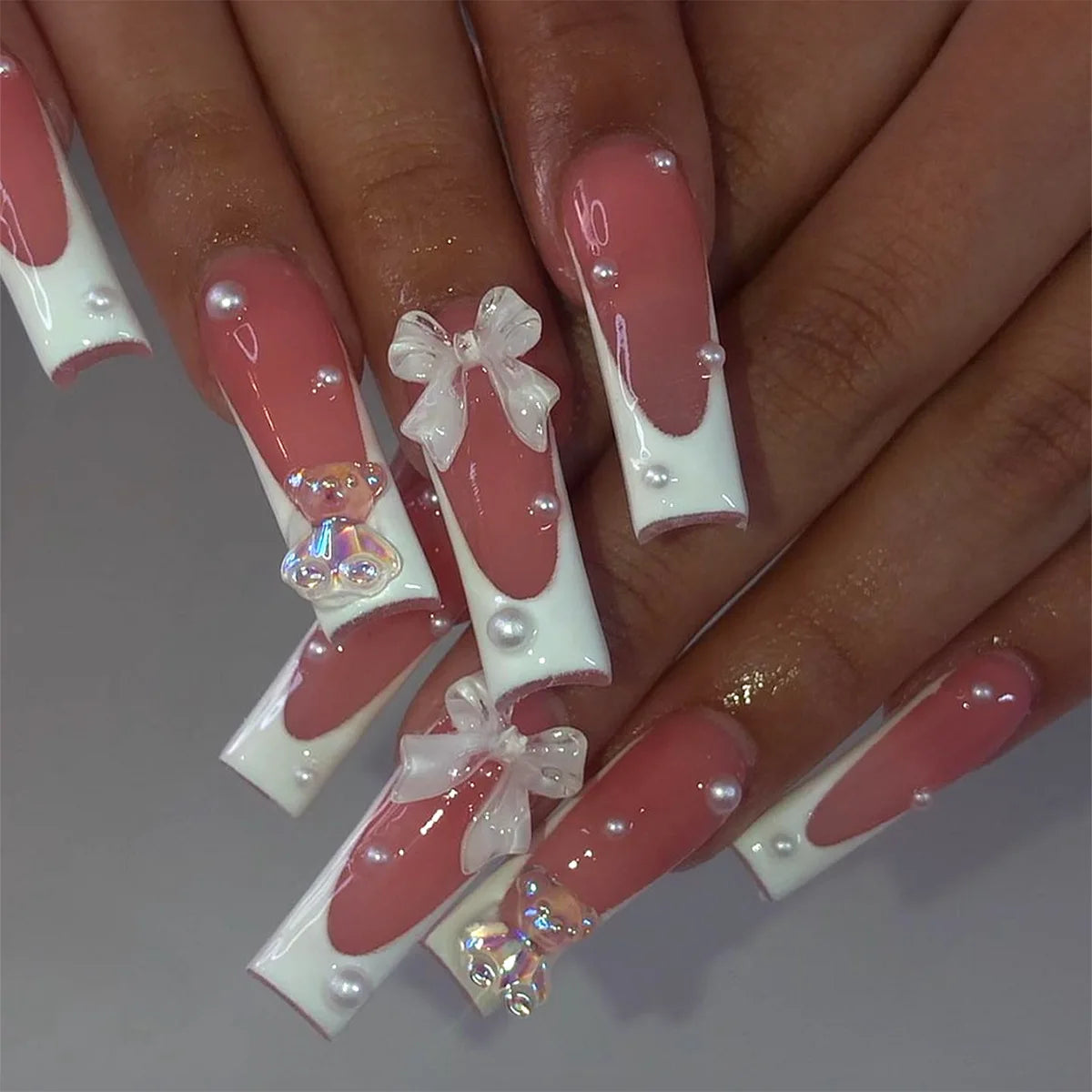 Press-On Nails 24 Pcs — Long Square Leopard Print, French & 3D Cherry Design with Rhinestones