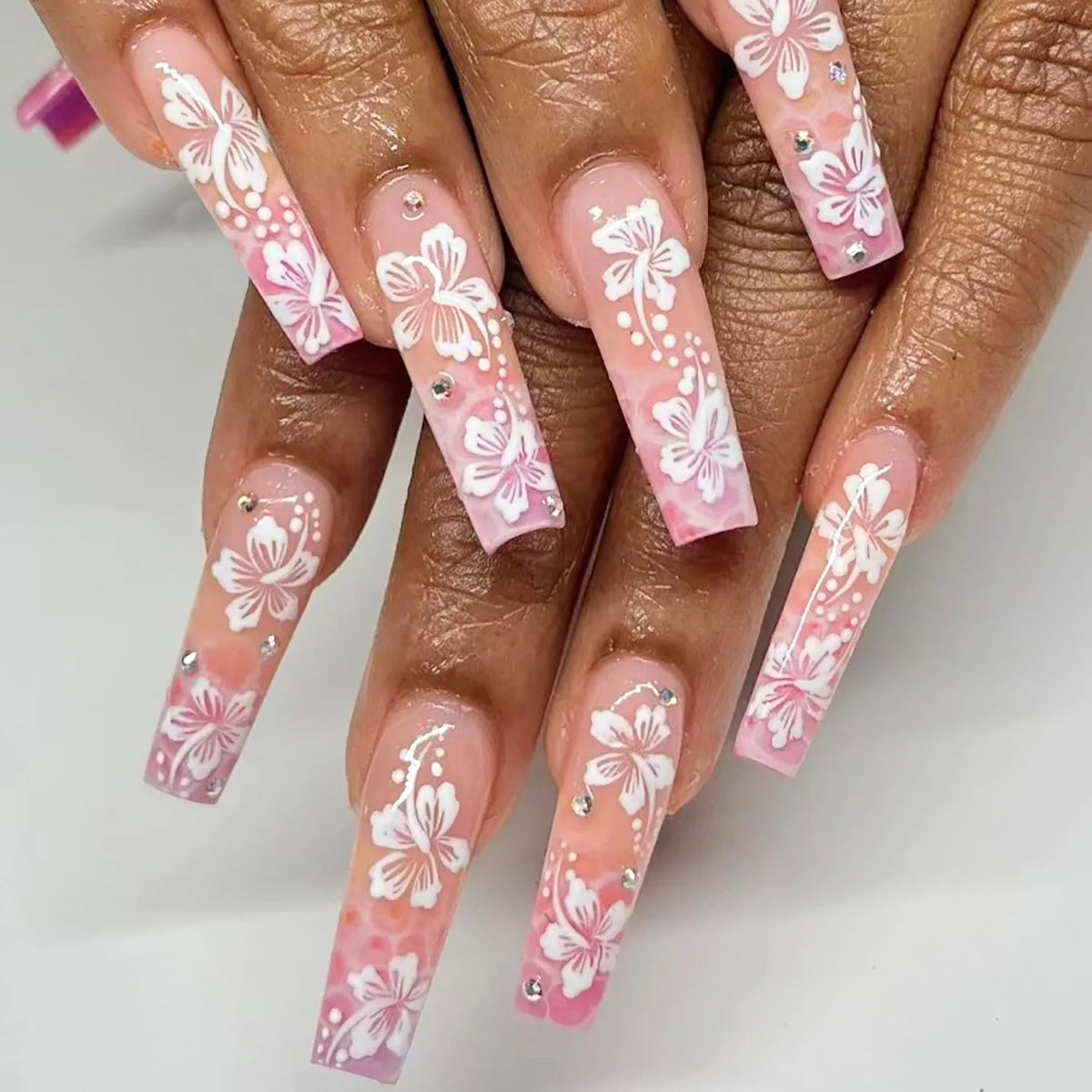 Press-On Nails 24 Pcs — Long Square Leopard Print, French & 3D Cherry Design with Rhinestones