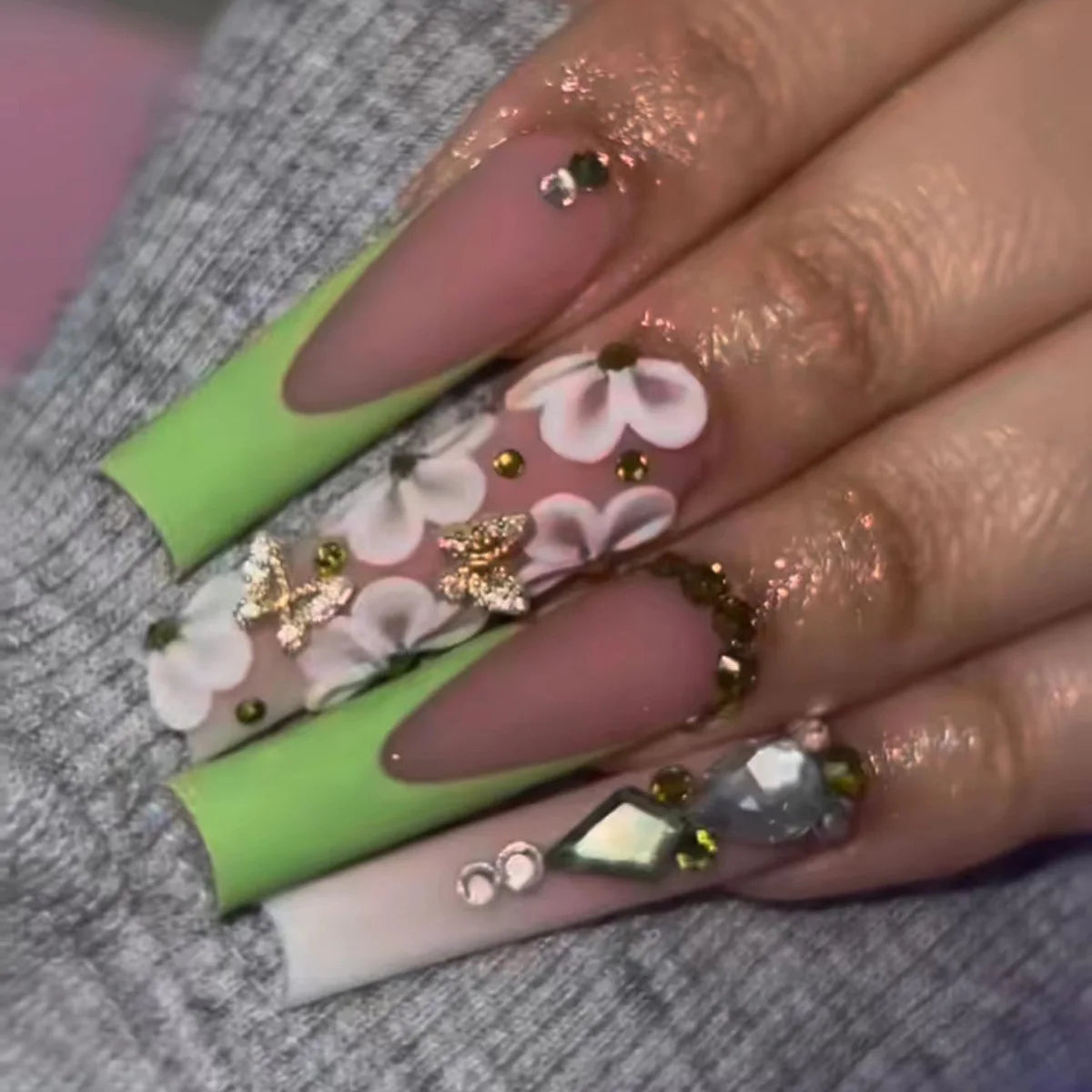 Press-On Nails 24 Pcs — Long Square Leopard Print, French & 3D Cherry Design with Rhinestones