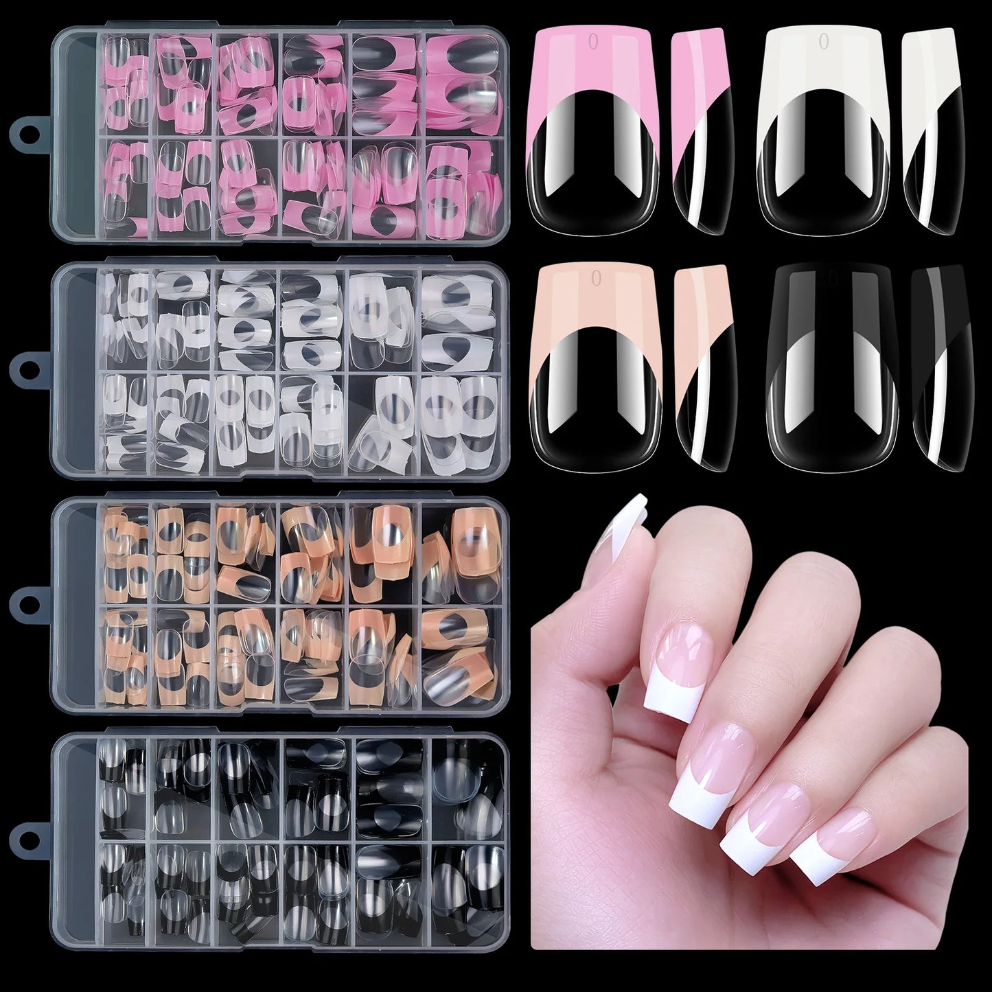 Press On Nails 120pcs | French Acrylic Full Cover Nail Tips | Mixed Sizes