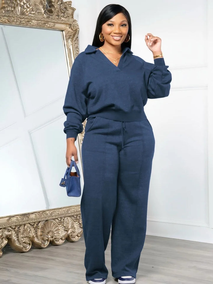Wmstar Women’s Two-Piece Sweatsuit – V-Neck Long Sleeve Top & Solid Color Pants, Autumn/Winter Casual Set