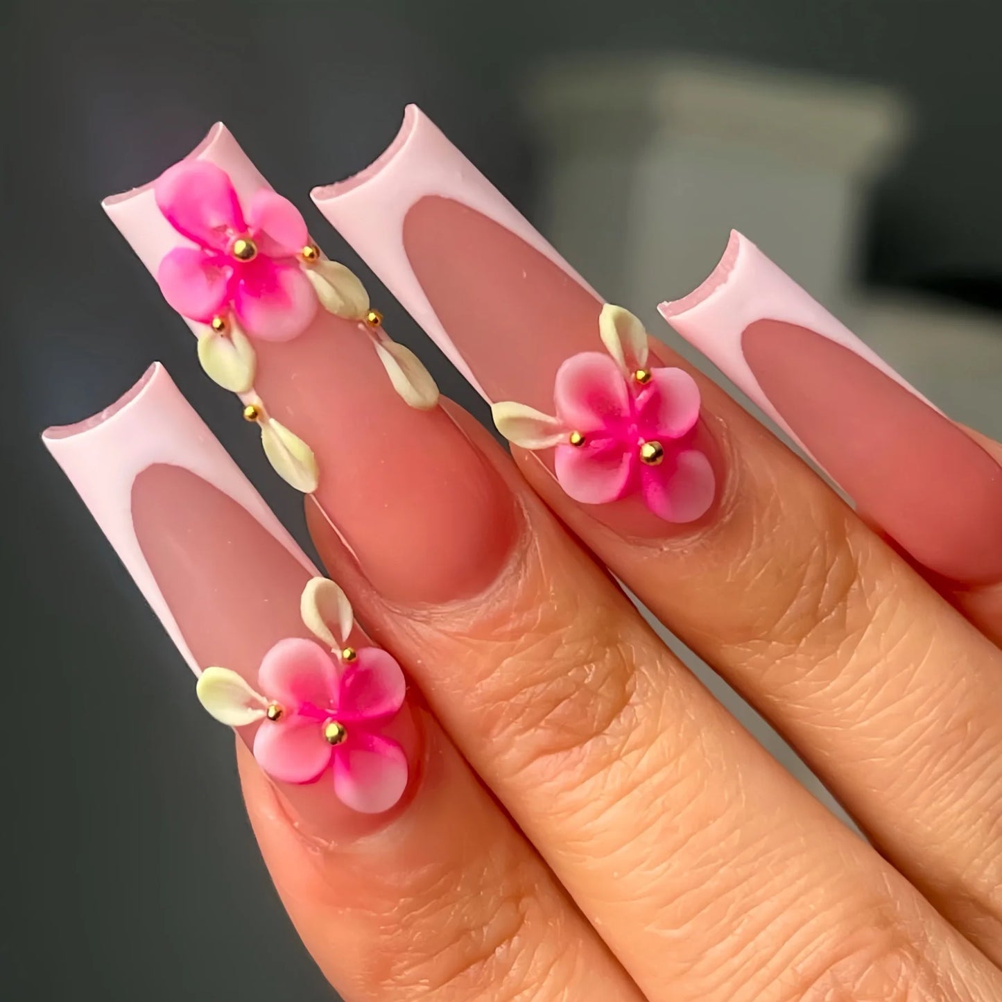 Press-On Nails 24 Pcs — Long Square Leopard Print, French & 3D Cherry Design with Rhinestones