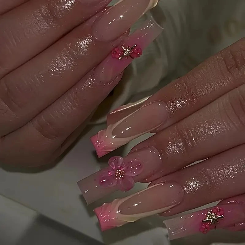 Press-On Nails 24 Pcs — Long Square Leopard Print, French & 3D Cherry Design with Rhinestones