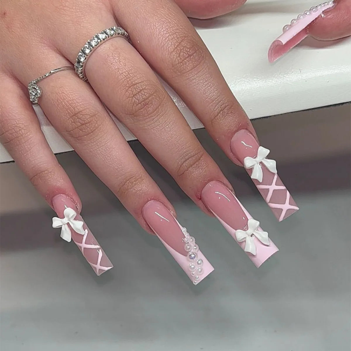 Press-On Nails 24 Pcs — Long Square Leopard Print, French & 3D Cherry Design with Rhinestones