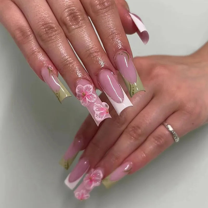 Press-On Nails 24 Pcs — Long Square Leopard Print, French & 3D Cherry Design with Rhinestones