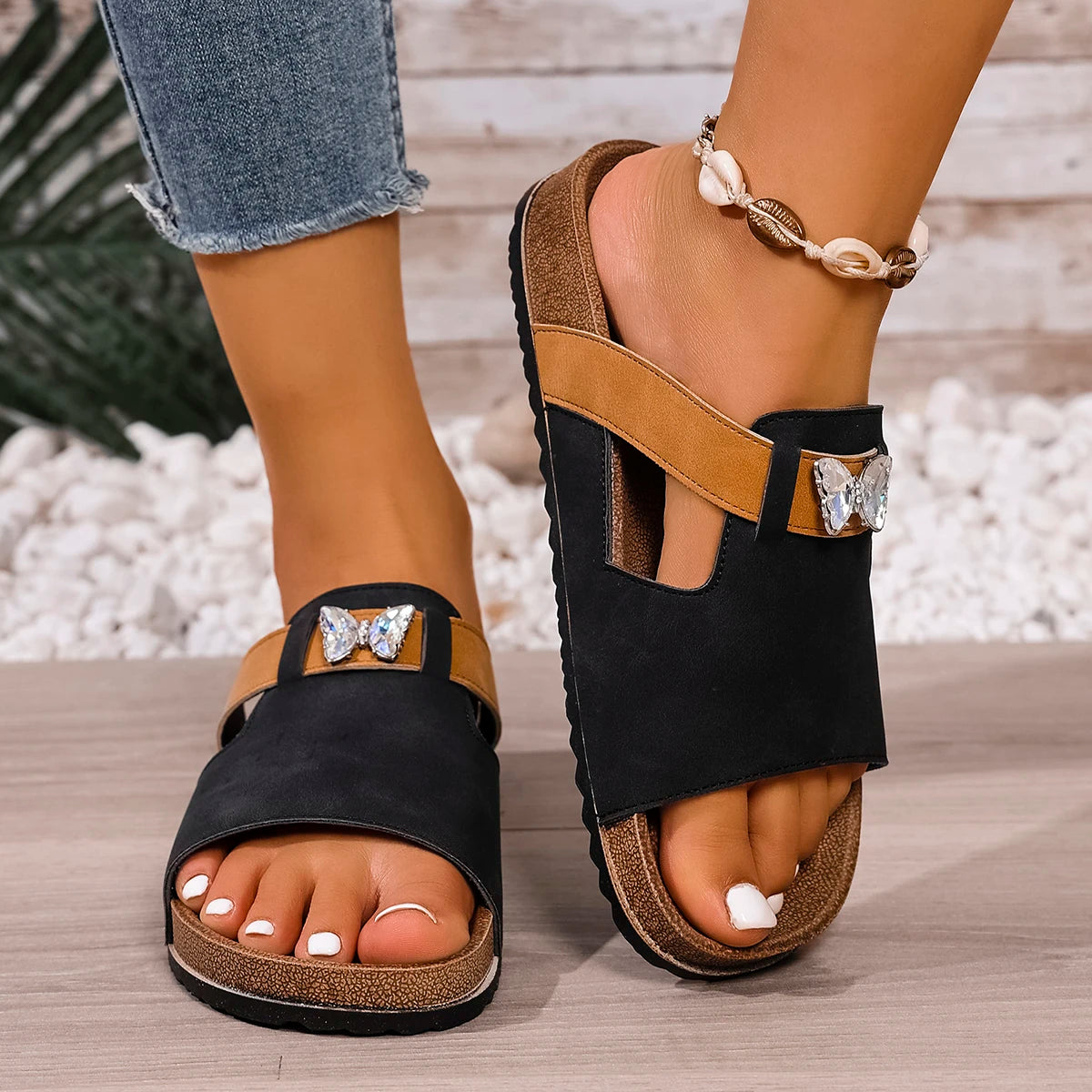 Women's Platform Slide Sandals — Pleated PU Upper, Rubber Sole | Summer