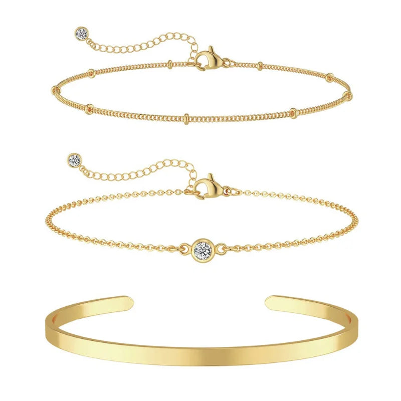 Gold Layered Bracelet Set - 3 Piece Waterproof Stackable Jewelry