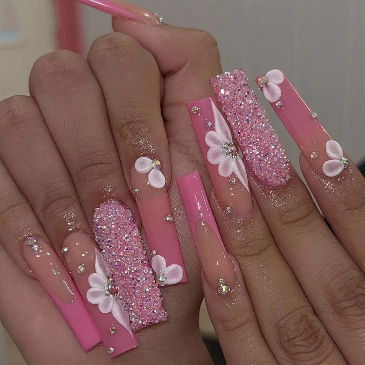 Press-On Nails 24 Pcs — Long Square Leopard Print, French & 3D Cherry Design with Rhinestones