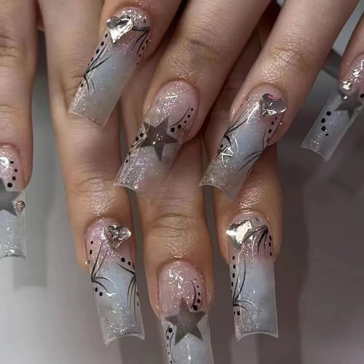 Press-On Nails 24 Pcs — Long Square Leopard Print, French & 3D Cherry Design with Rhinestones