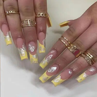 Press-On Nails 24 Pcs — Long Square Leopard Print, French & 3D Cherry Design with Rhinestones