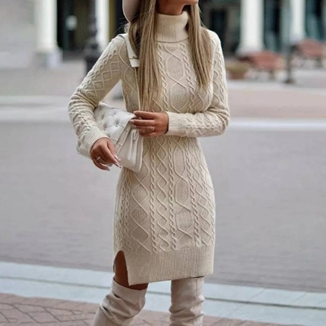 Women's Slim-Fit High Collar Sweater Dress – Long Sleeve, Solid Color, Medium-Length Pullover
