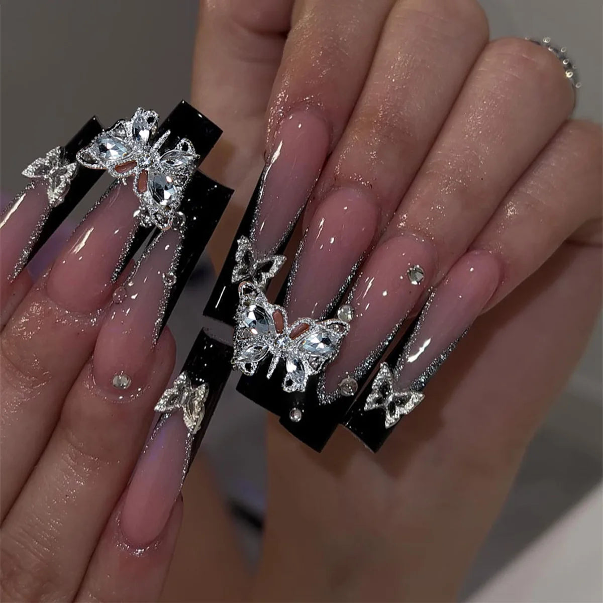 Press-On Nails 24 Pcs — Long Square Leopard Print, French & 3D Cherry Design with Rhinestones