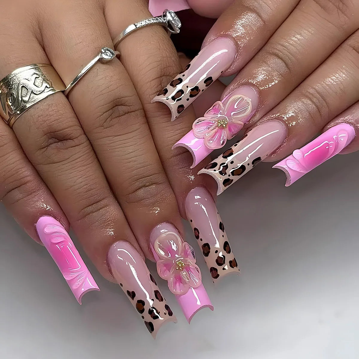 Press-On Nails 24 Pcs — Long Square Leopard Print, French & 3D Cherry Design with Rhinestones